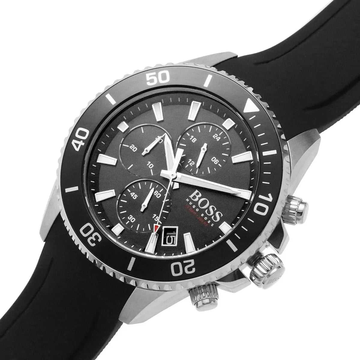 Close-up of Hugo Boss Admiral watch dial showing chronograph subdials and date window