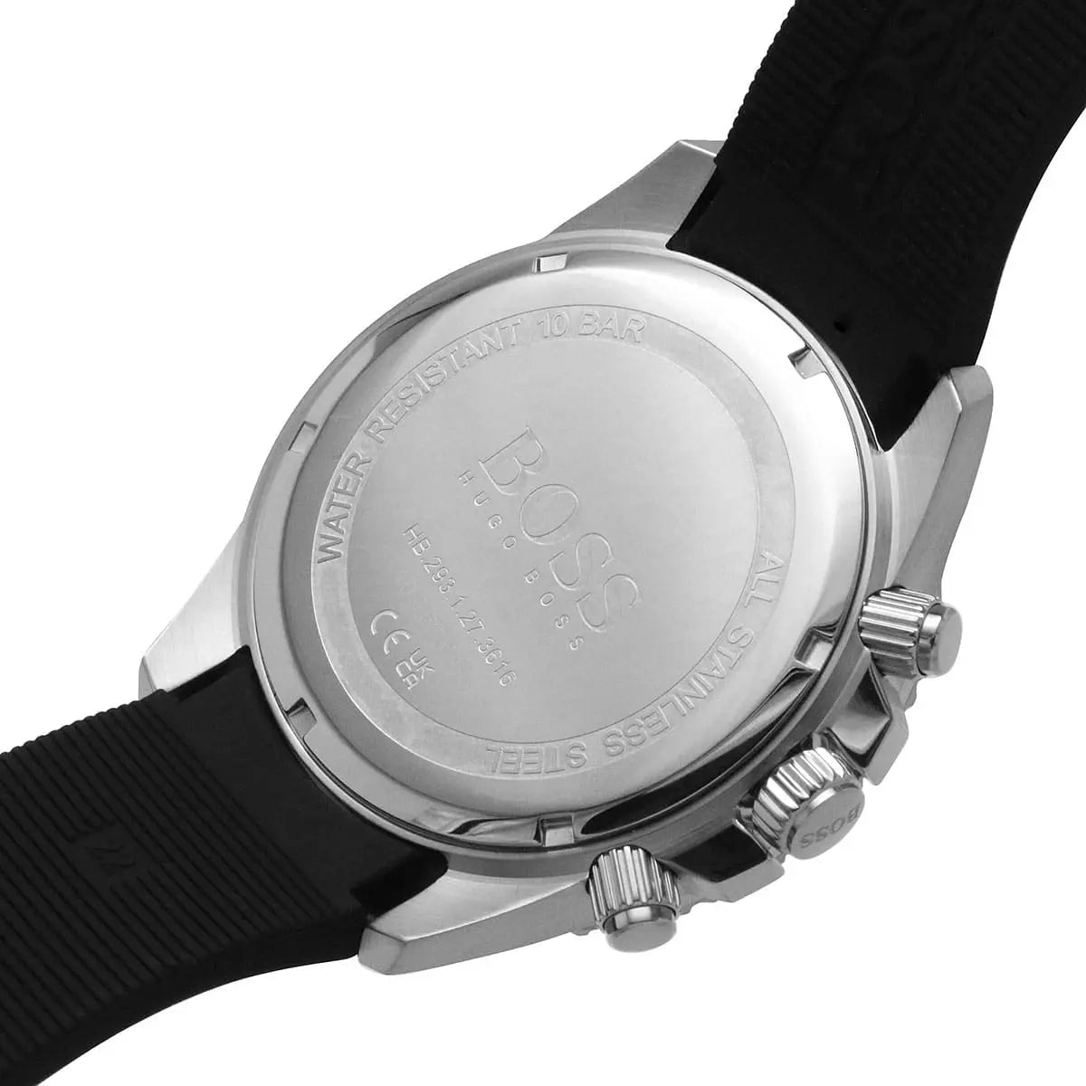 Side view of Hugo Boss Admiral chronograph watch showing case thickness and rubber strap