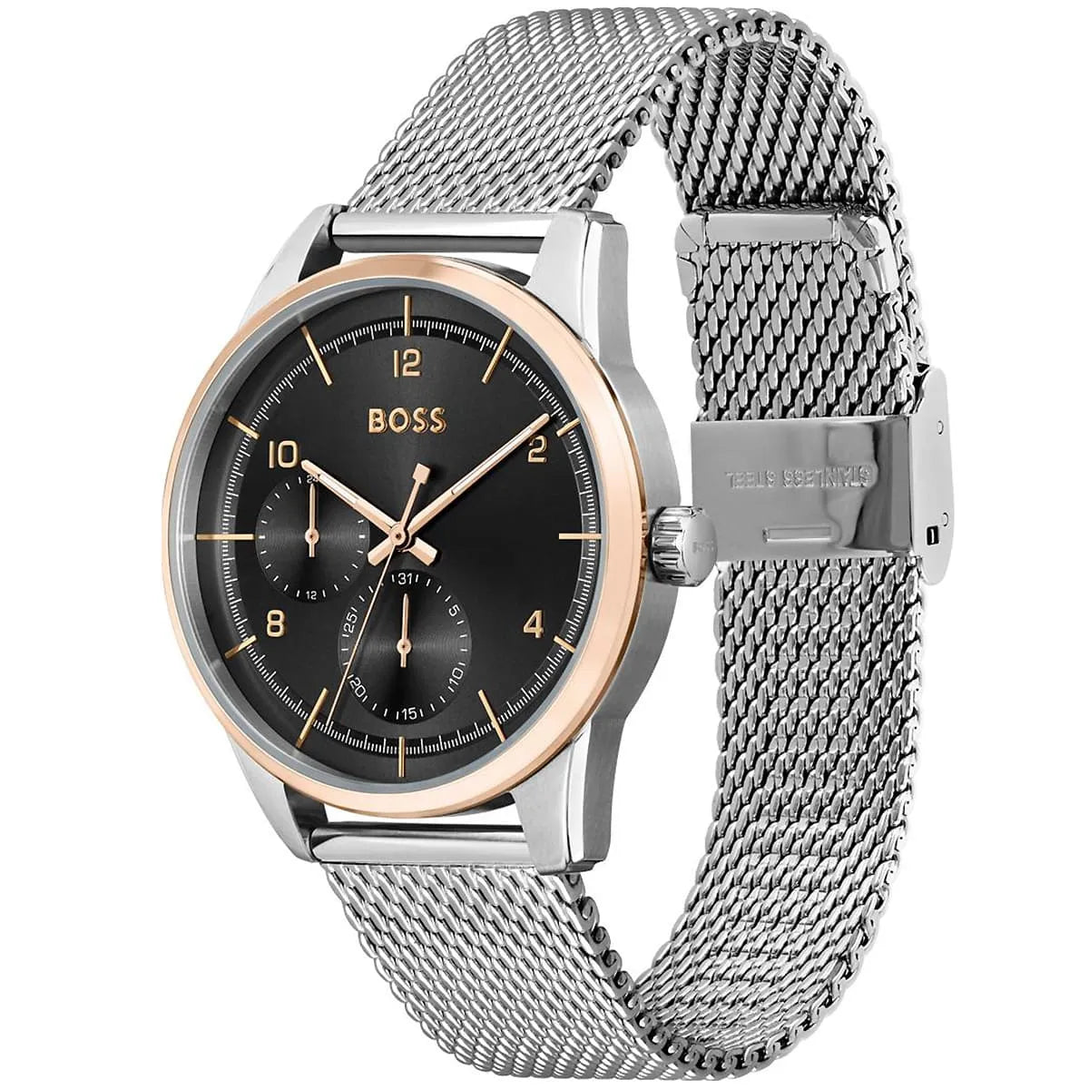 Hugo Boss 1513961 watch angled view showing black dial, multi-function chronograph, and mesh strap