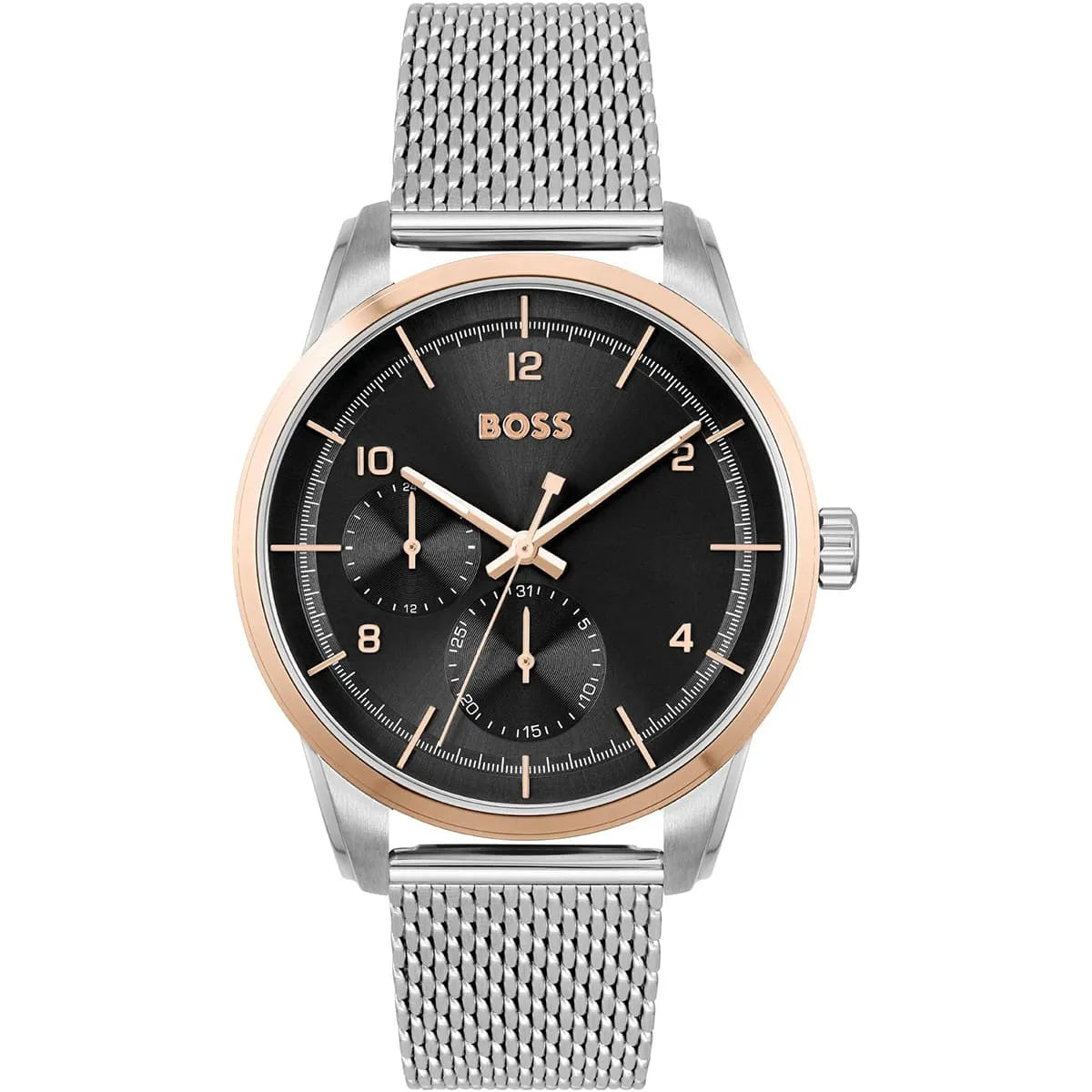 Hugo Boss 1513961 men's watch with black dial, rose gold bezel, and silver mesh bracelet