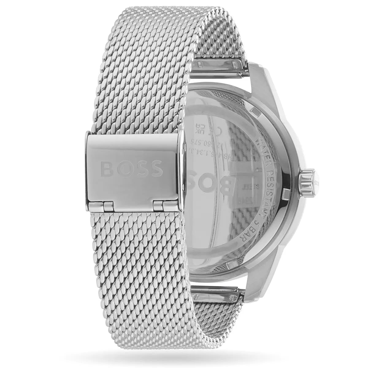 Hugo Boss 1513961 watch side view displaying silver mesh bracelet and case profile