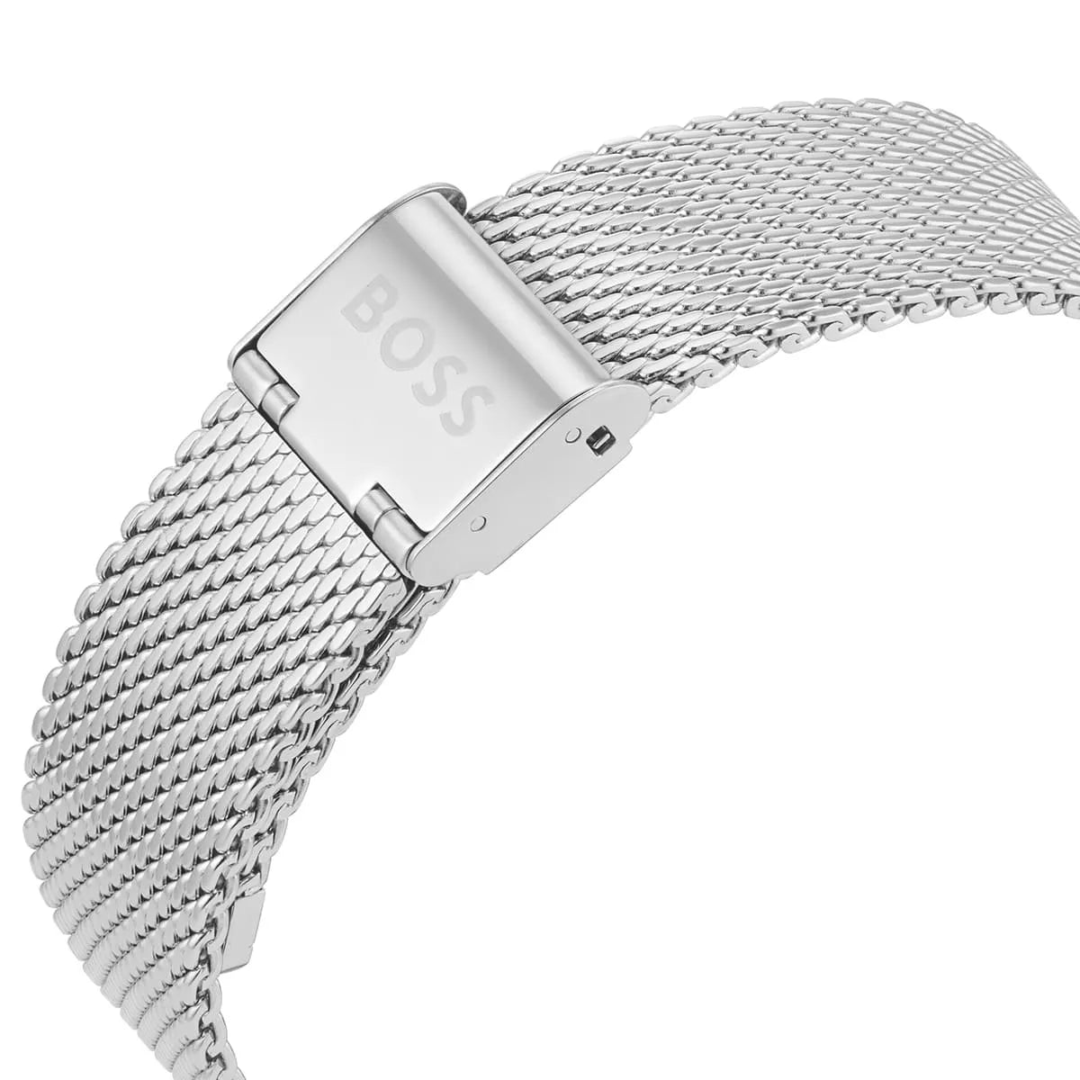 Hugo Boss 1513961 mesh bracelet close-up showing fold-over clasp and stainless steel weave