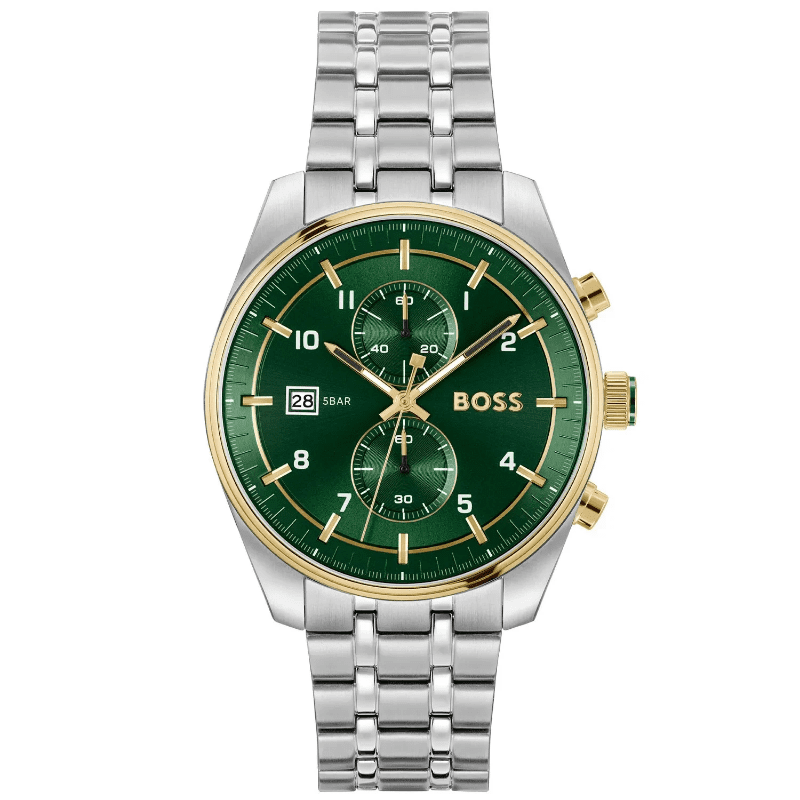 Hugo Boss green dial chronograph watch with stainless steel bracelet and gold accents