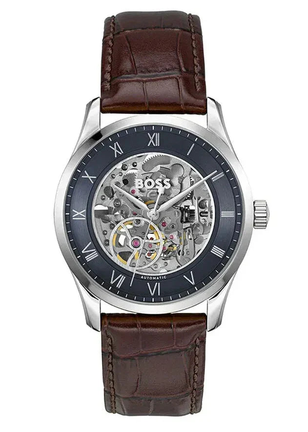 Hugo Boss Automatique skeleton men's watch with navy dial and brown leather strap