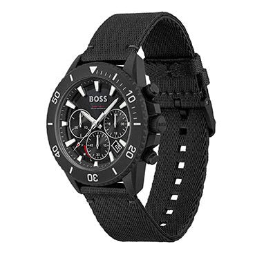 Black Hugo Boss Admiral chronograph watch at angle showing black nylon strap