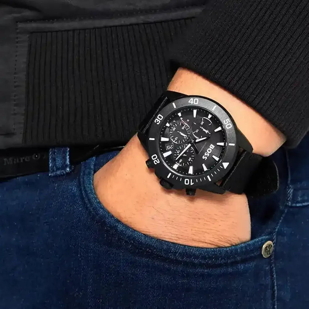 Hugo Boss Admiral chronograph worn on wrist in black with nylon strap
