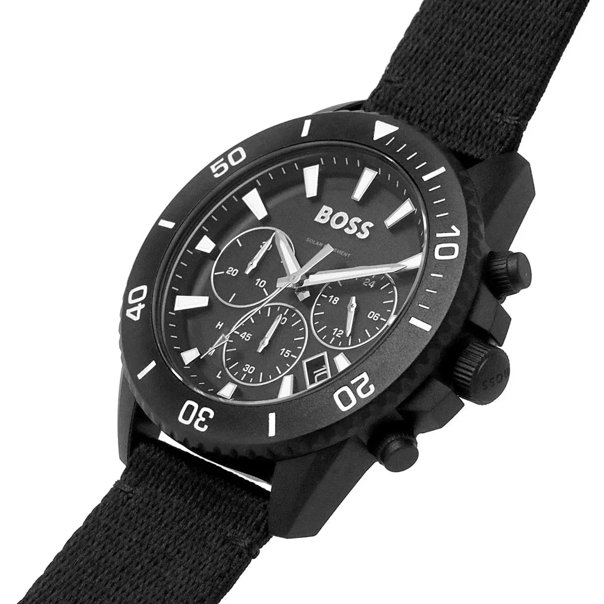 Side view of Hugo Boss Admiral chronograph with black nylon strap