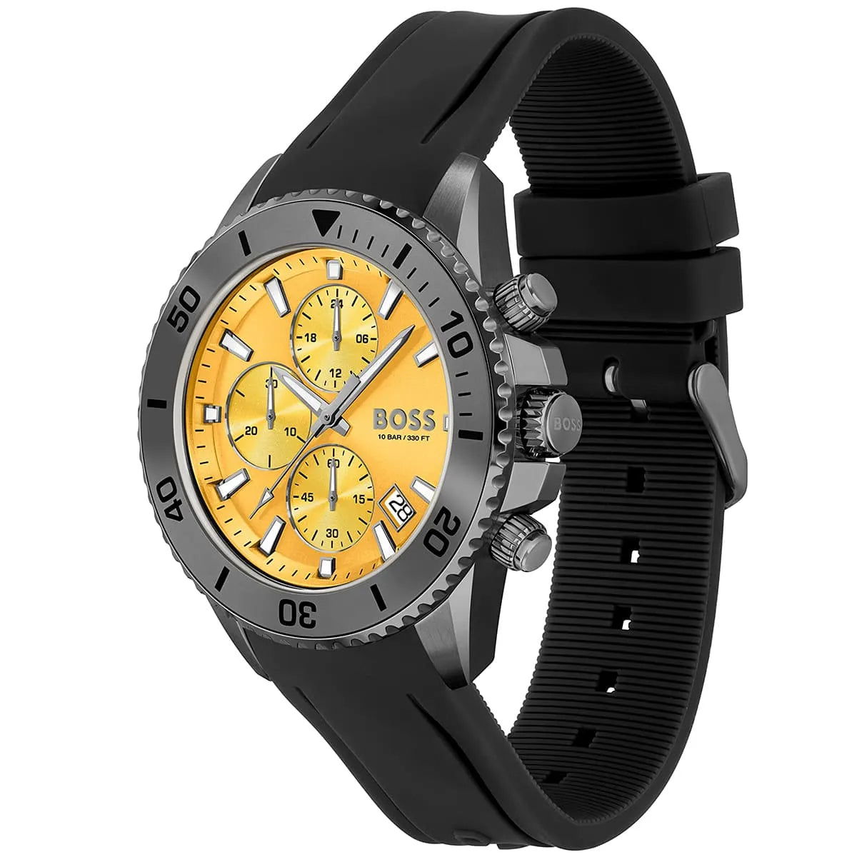 Hugo Boss Admiral watch at angle showing yellow chronograph dial and black silicone strap