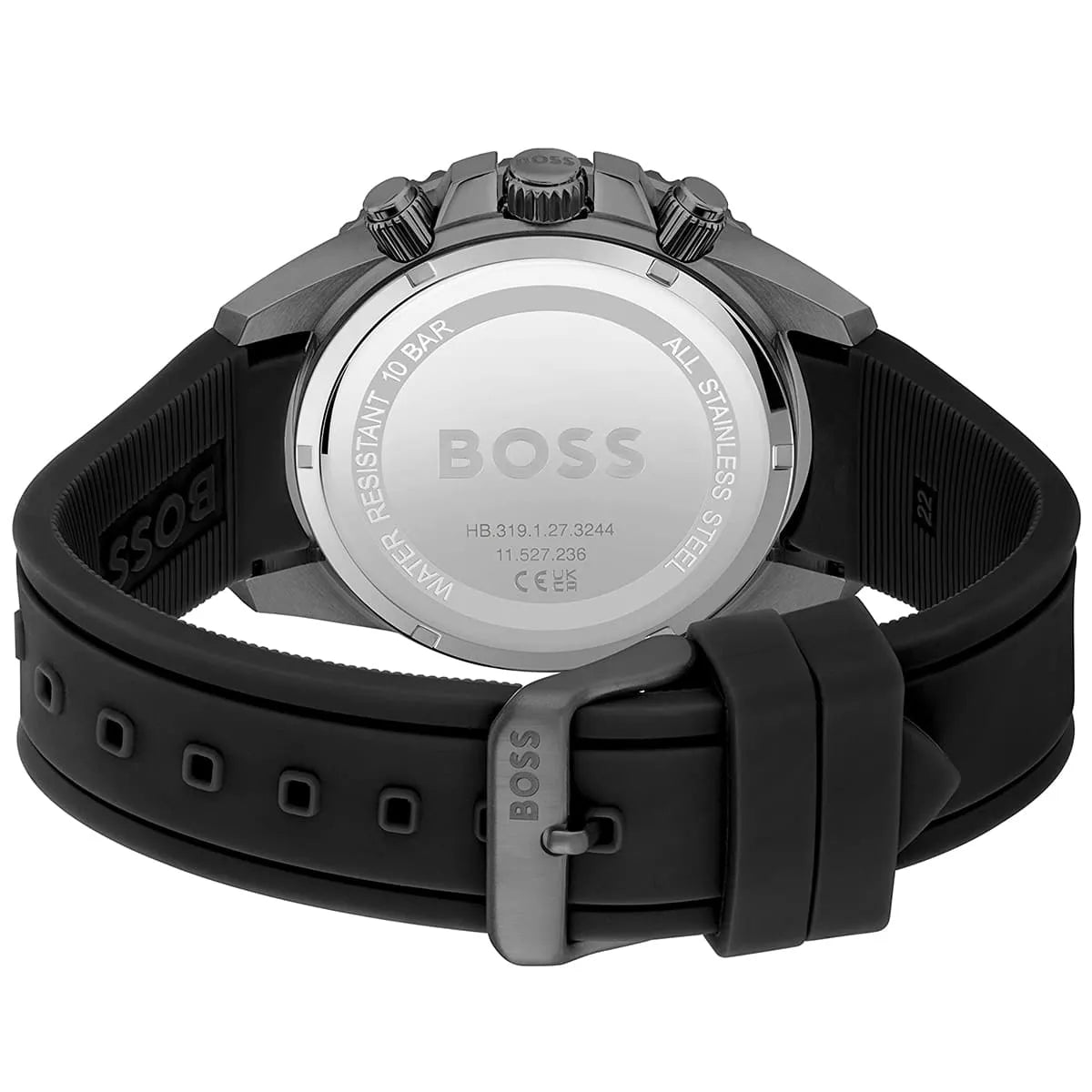 Hugo Boss Admiral watch caseback showing stainless steel back and specifications
