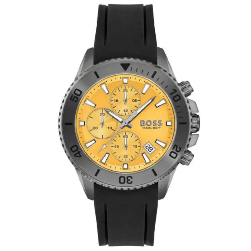Hugo Boss Admiral chronograph watch with yellow dial and black rubber strap