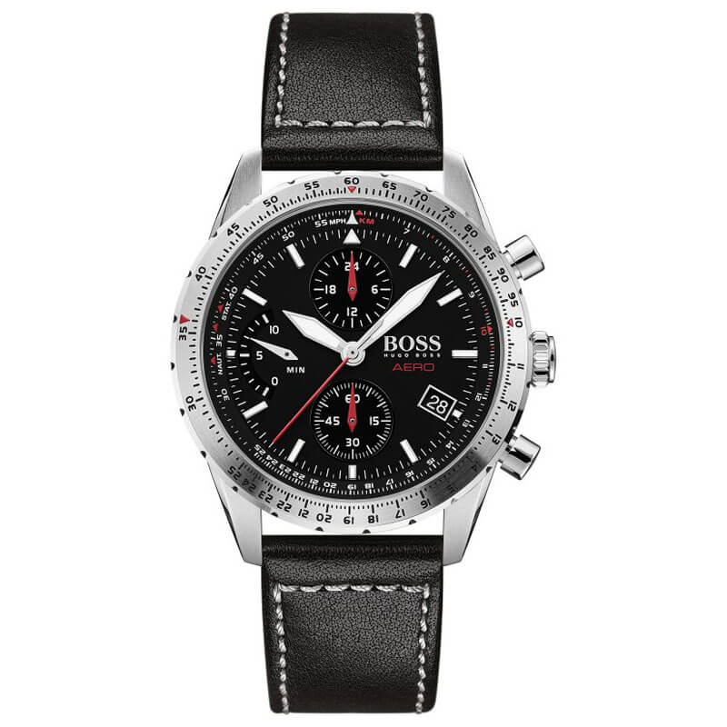 Hugo Boss Aero chronograph watch with black dial, white markers, and black leather strap