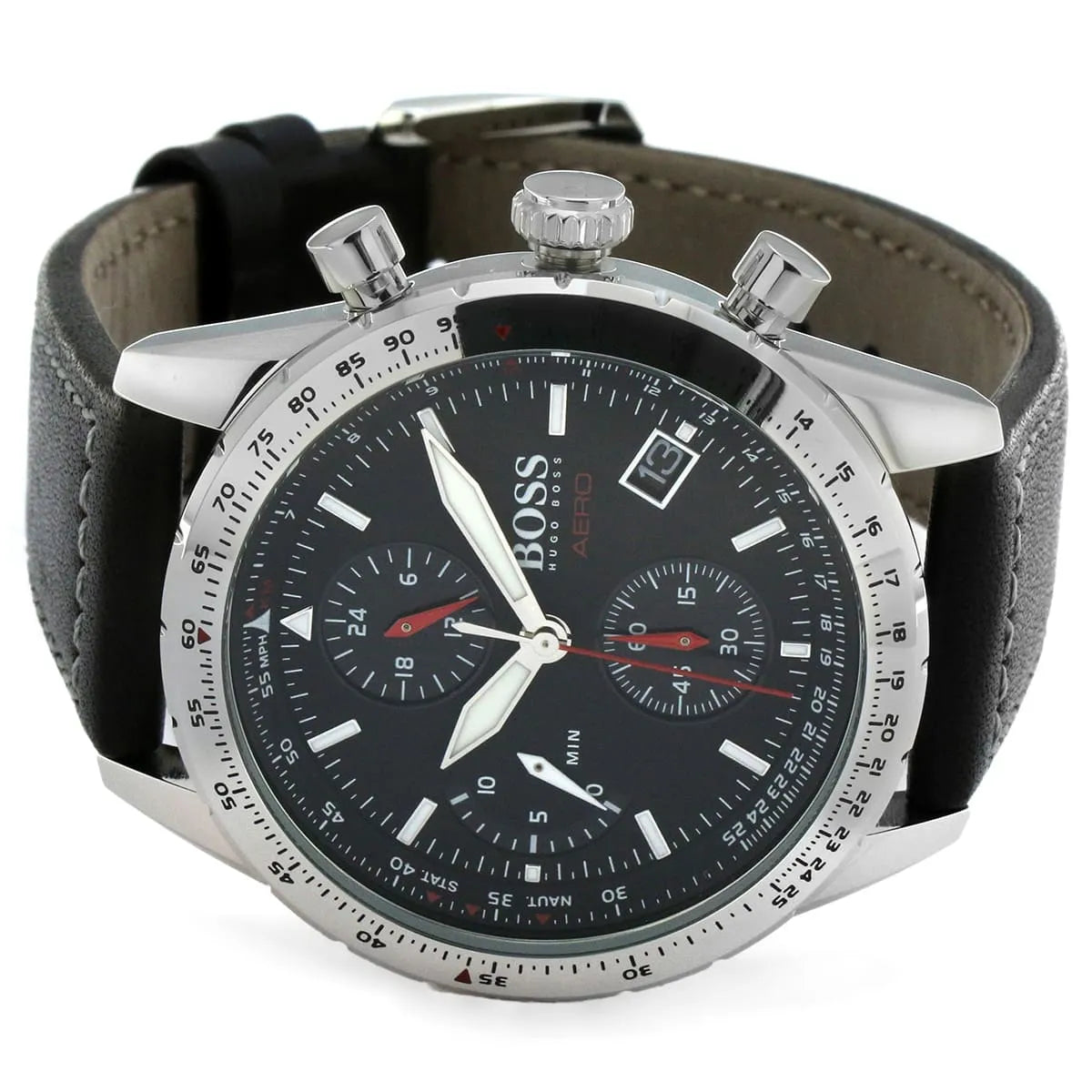 Hugo Boss Aero chronograph watch on wrist showing black dial and chronograph subdials
