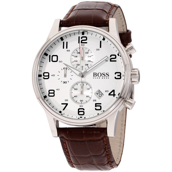 Hugo Boss Aeroliner chronograph watch with silver dial and brown leather strap