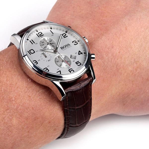 Hugo Boss Aeroliner chronograph worn on wrist with brown leather strap