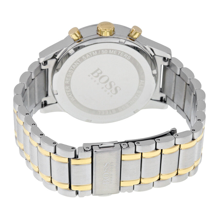 Hugo Boss Aeroliner watch caseback showing stainless steel two-tone bracelet and water resistance marking