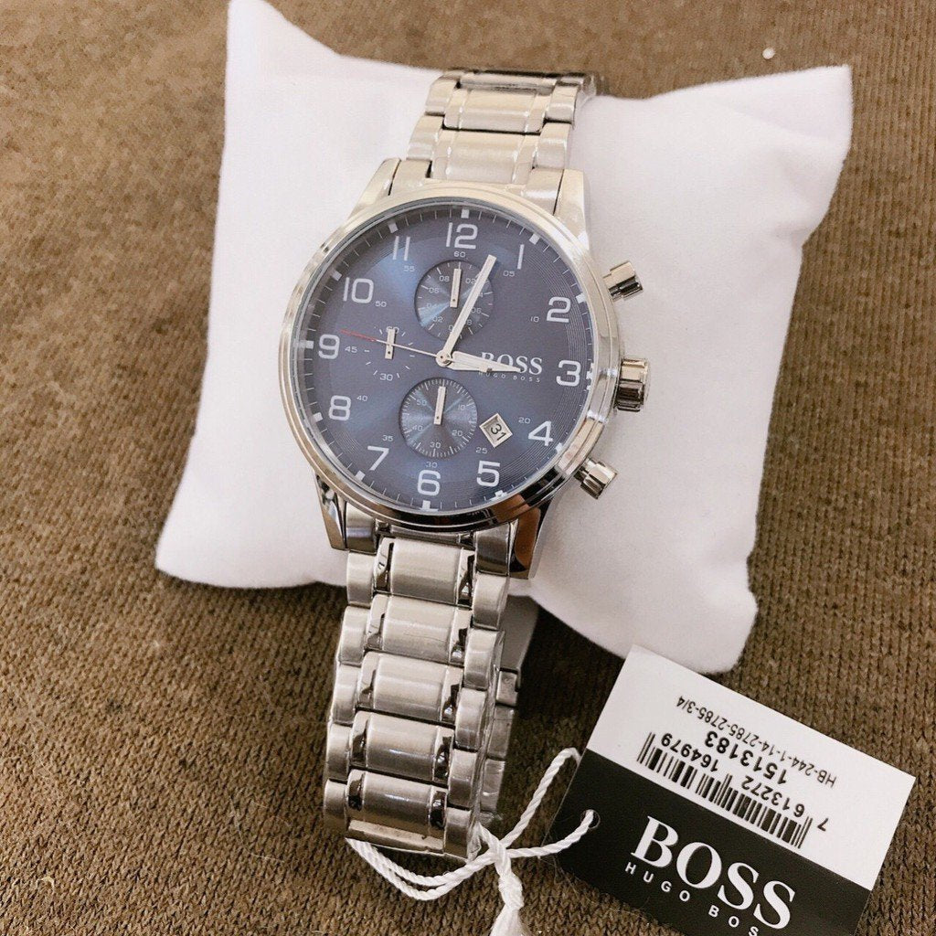 Hugo Boss Aeroliner chronograph watch with stainless steel bracelet on packaging pillow with branded box