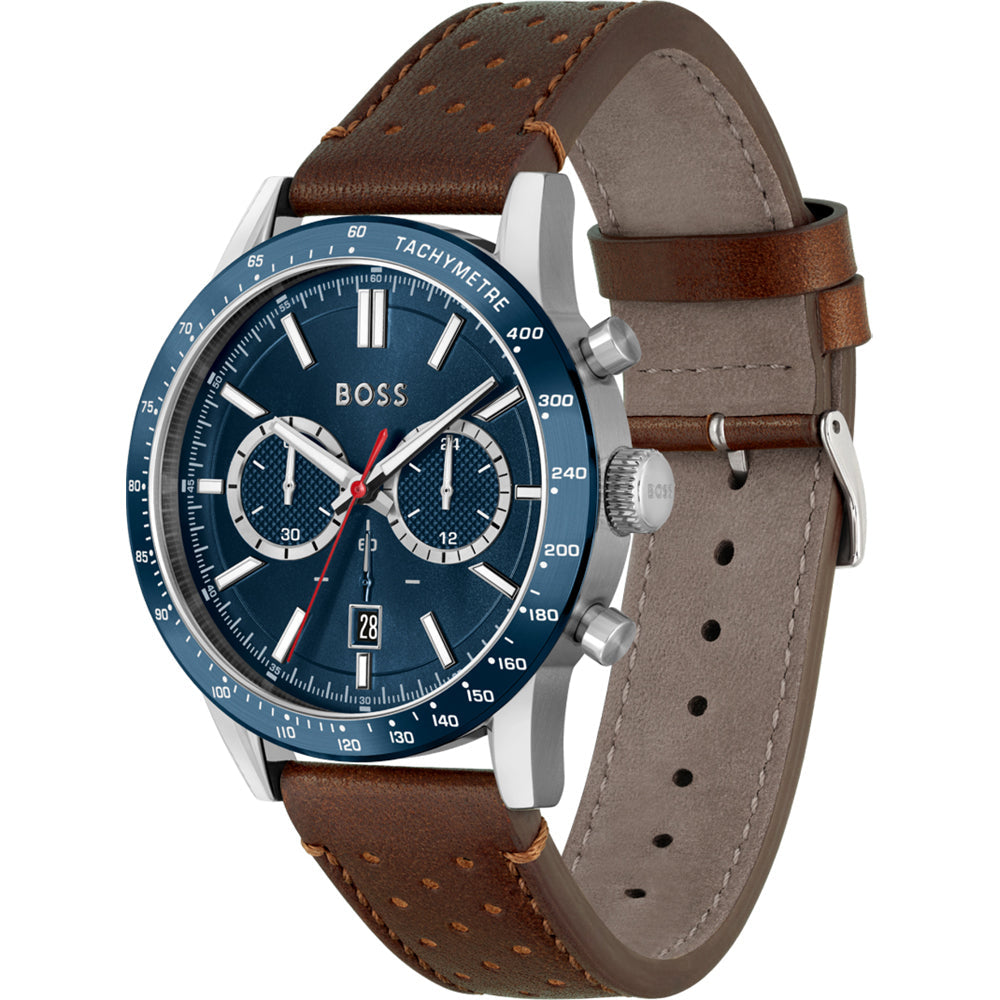 Side angle view of Hugo Boss Allure watch showing brown leather strap and stainless steel case