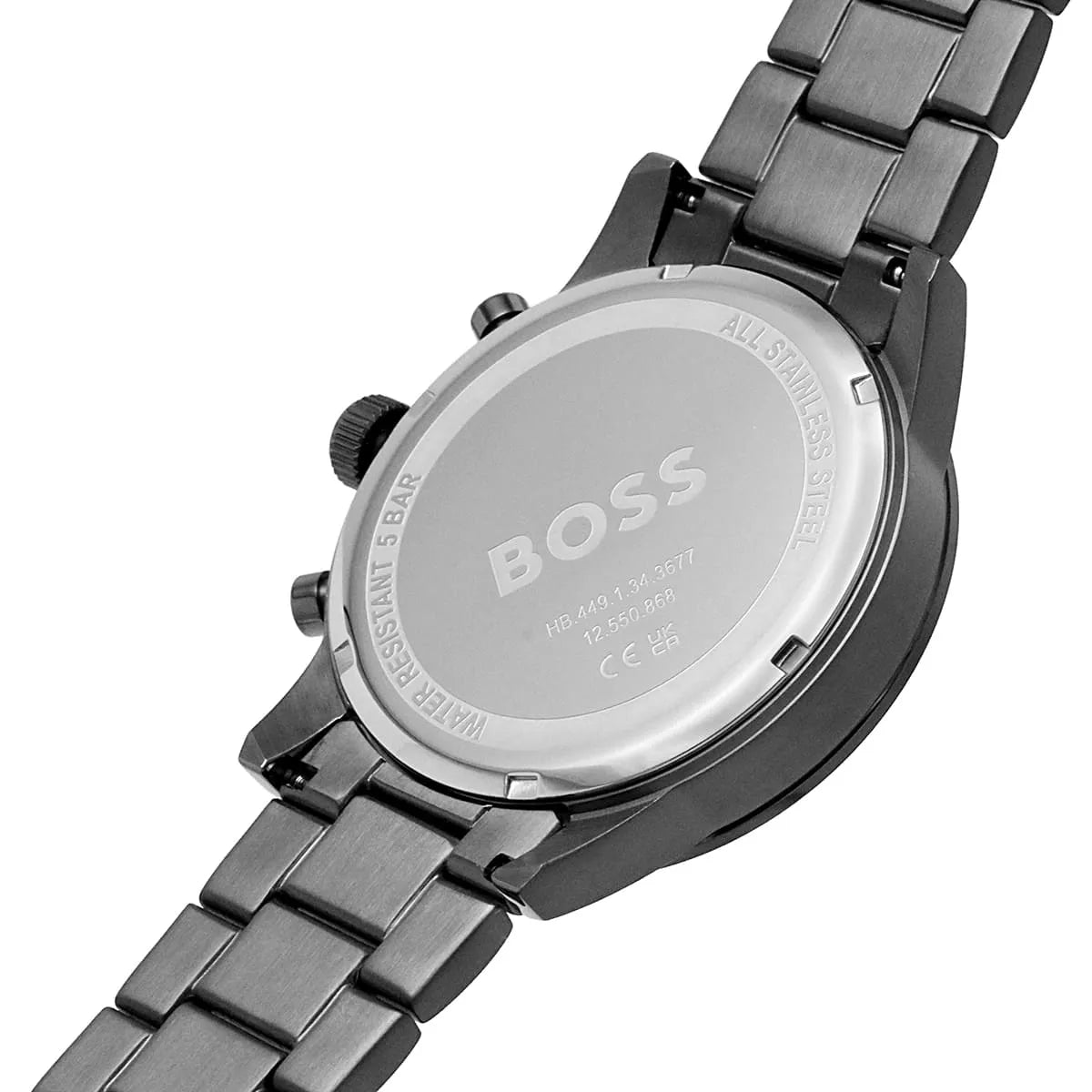 Hugo Boss Allure chronograph watch angled side view with grey steel bracelet