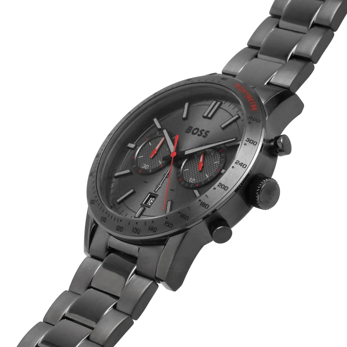 Hugo Boss Allure chronograph side view showing grey steel bracelet and pushers