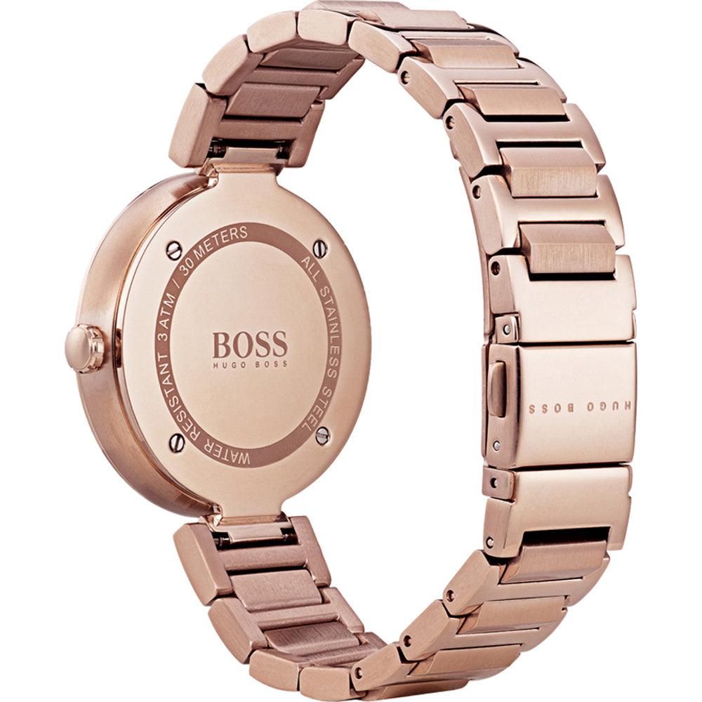 Hugo Boss Allusion women's watch caseback and rose gold bracelet strap detail