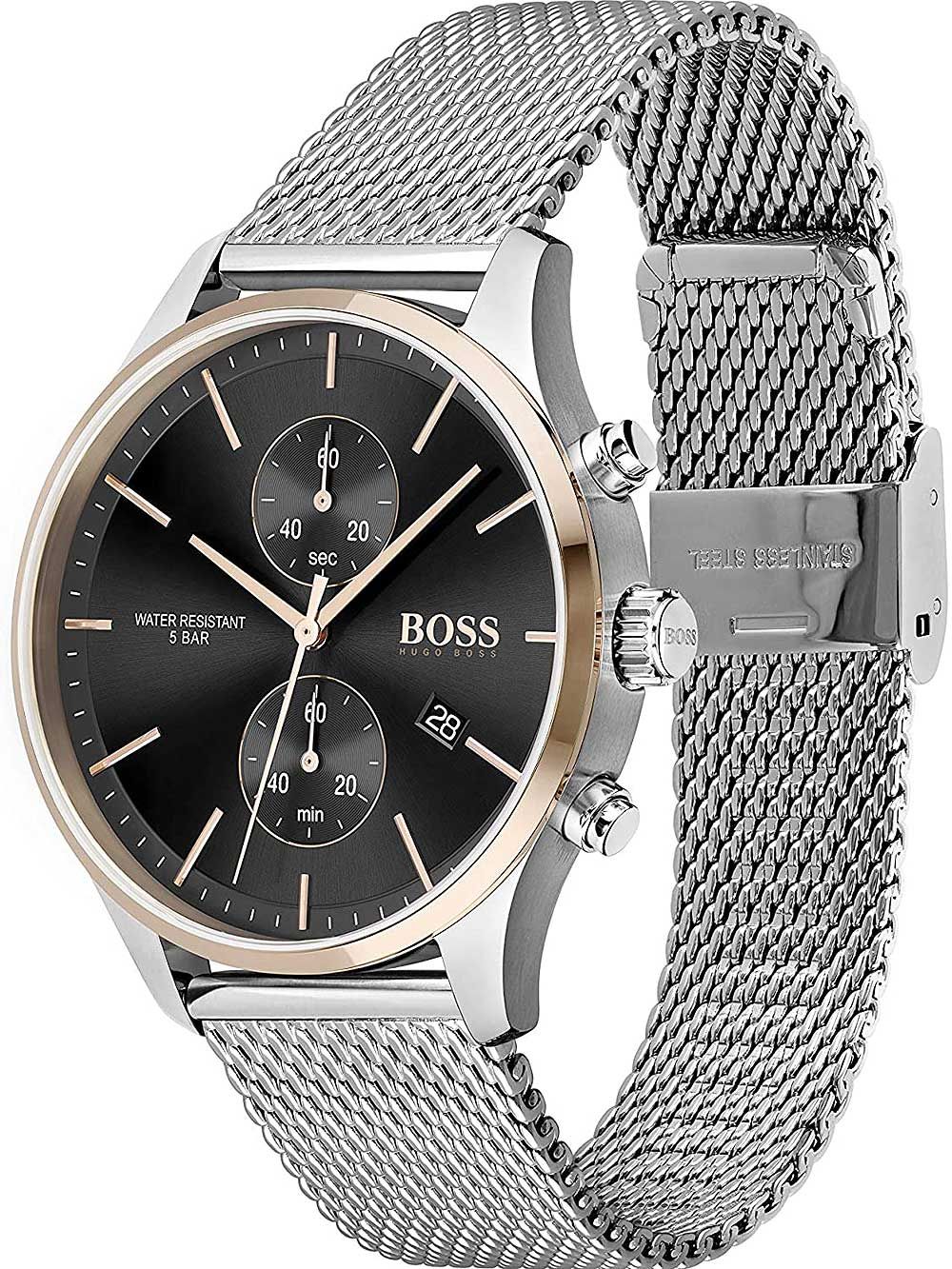 Hugo Boss Associate silver mesh chronograph watch worn on wrist