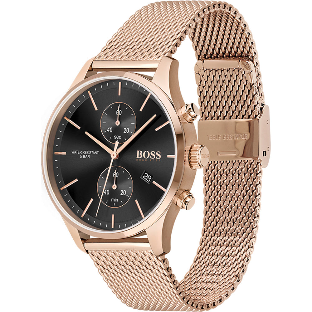 Hugo Boss Associate rose gold watch displayed at angle showing full dial and mesh band