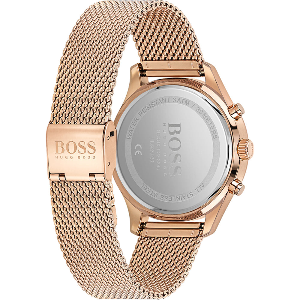 Hugo Boss Associate rose gold watch caseback with engraved logo and water resistance text
