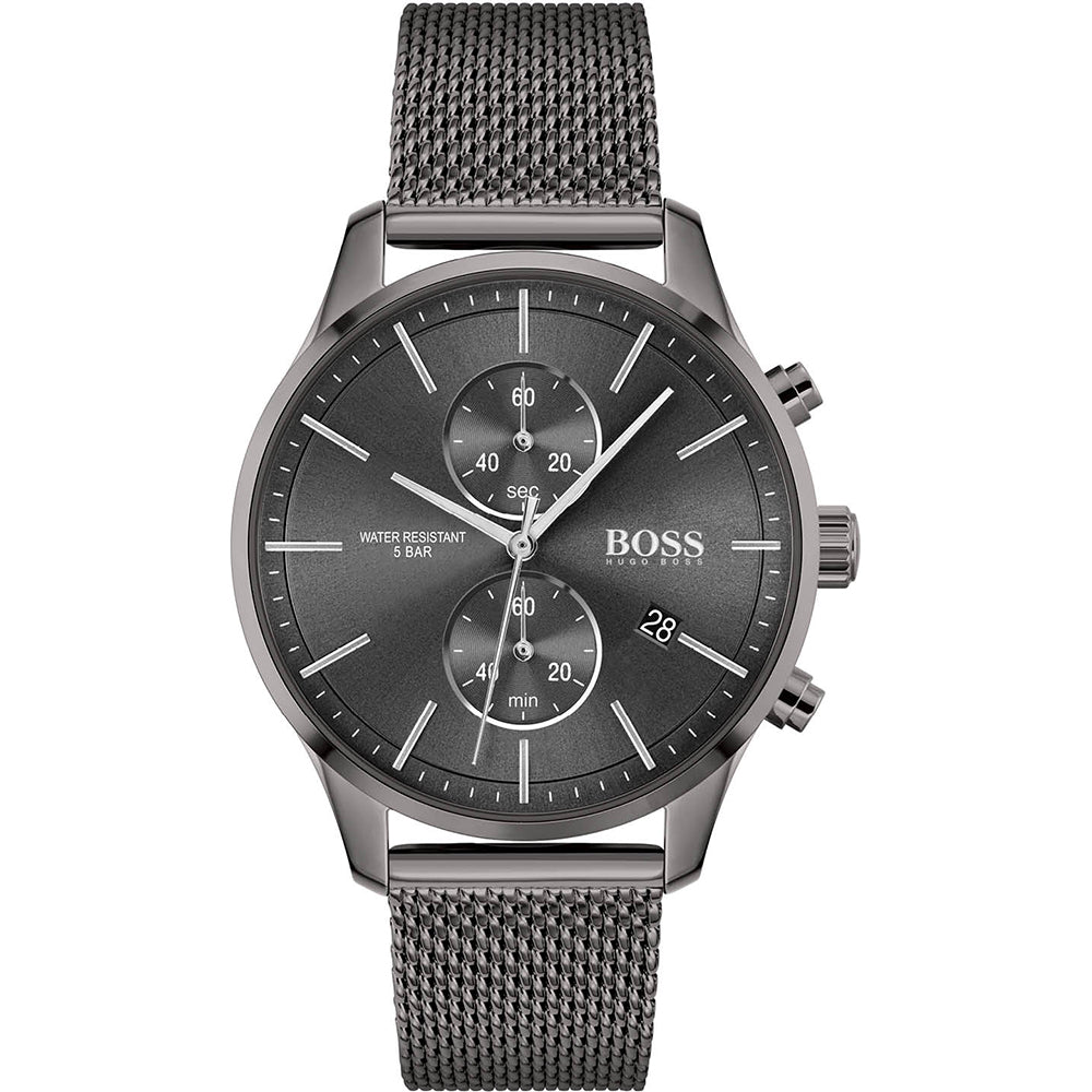 Hugo Boss Associate chronograph watch with dark dial, dual subdials, and mesh strap