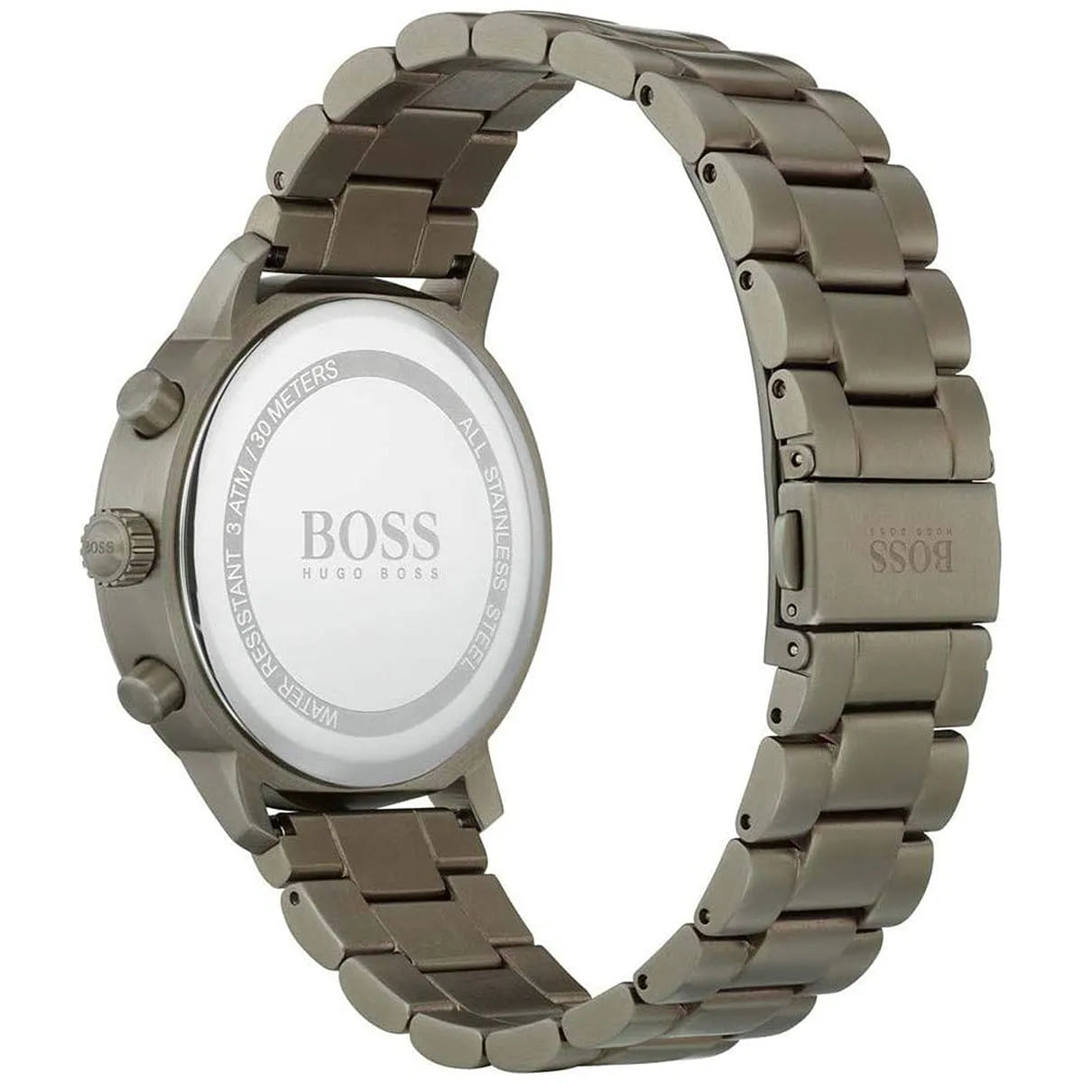 Hugo Boss Attitude 1513610 watch caseback showing engraved BOSS logo on green steel