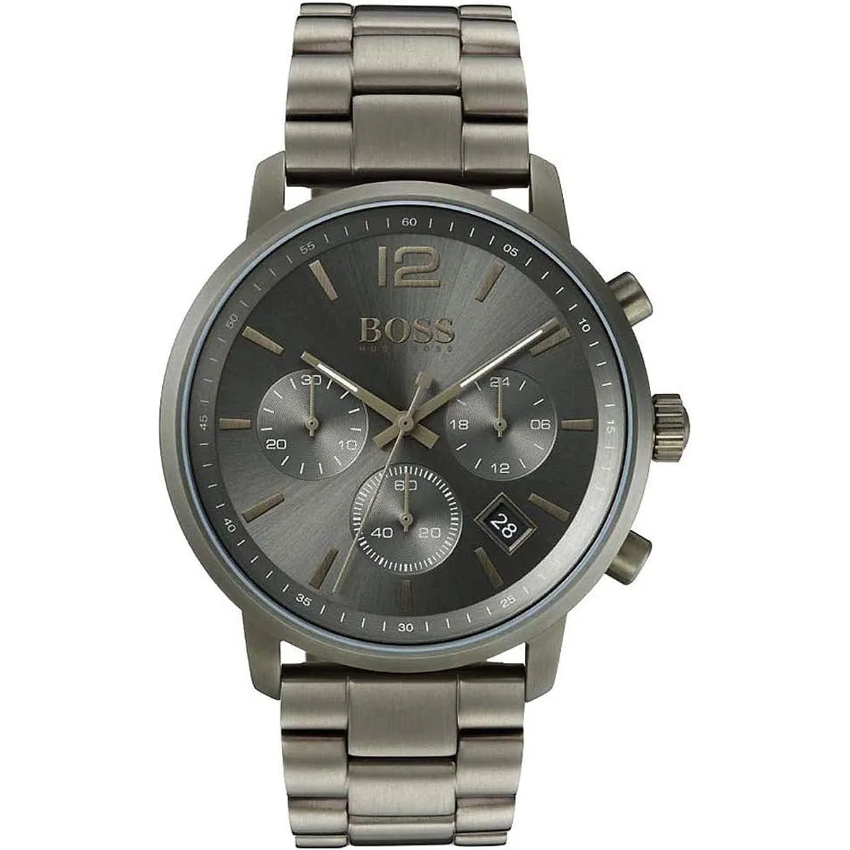 Hugo Boss Attitude 1513610 chronograph watch with green dial and metal strap front view