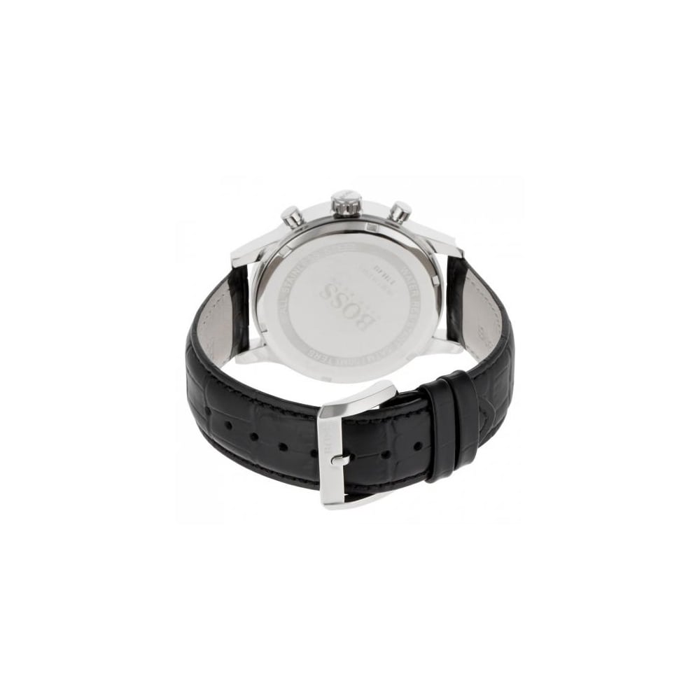 Hugo Boss watch case back showing stainless steel back with logo and black leather strap