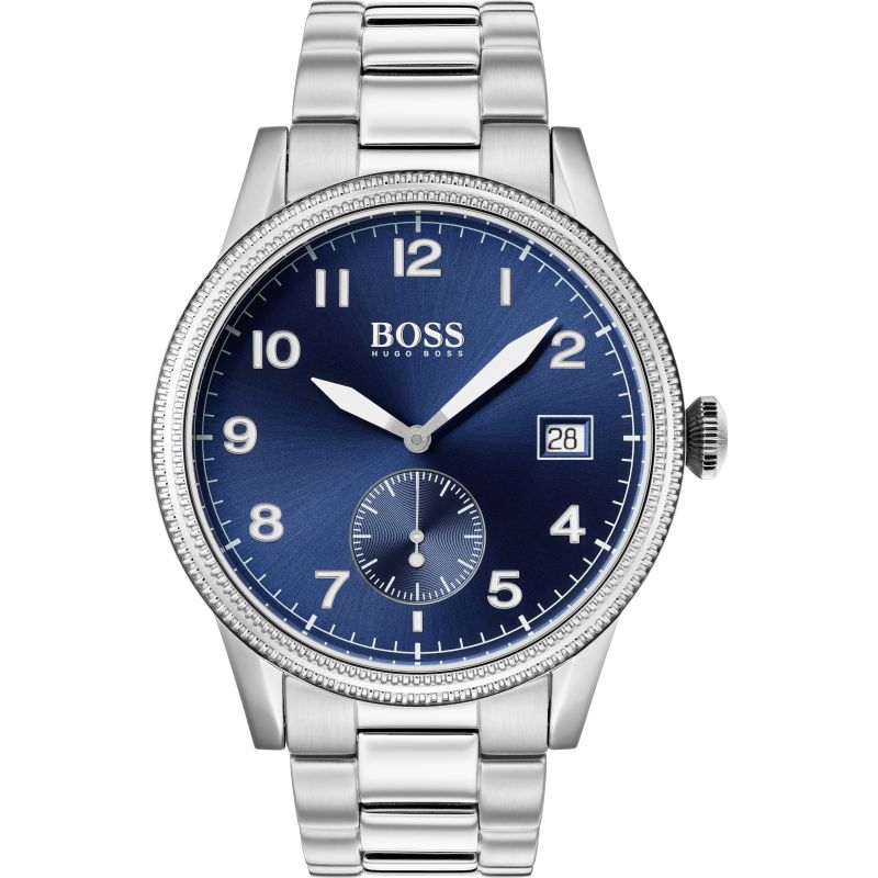 Hugo Boss blue dial silver men's watch with silver stainless steel bracelet and textured bezel