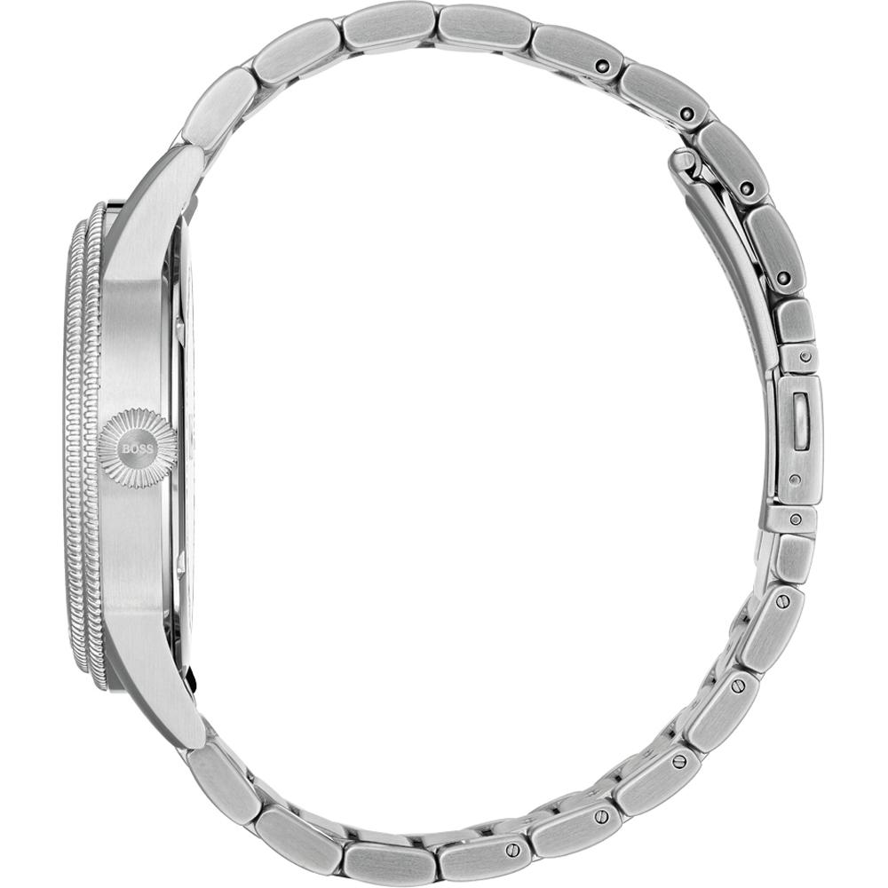 Hugo Boss watch shown from side profile displaying case thickness and silver bracelet links