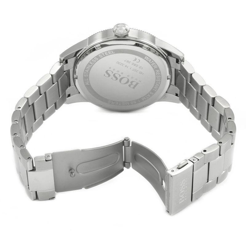 Hugo Boss watch caseback showing stainless steel case back and bracelet attachment