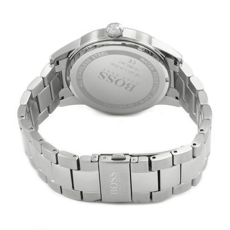 Hugo Boss watch rear view showing case back, crown, and full silver stainless steel bracelet