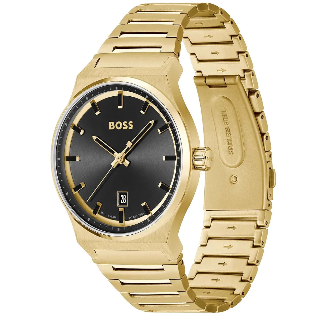 Hugo Boss Candor watch side angle showing black dial and gold metal bracelet