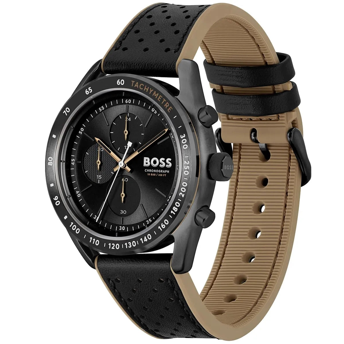 Hugo BOSS Center Court chronograph watch showing black dial, tan and black rubber strap from angle view