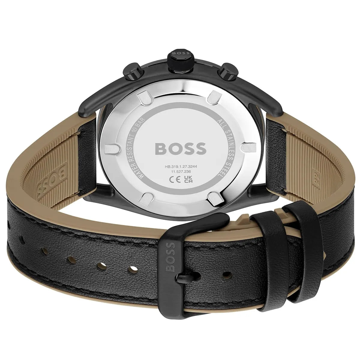 Hugo BOSS Center Court watch caseback showing stainless steel with BOSS branding and specifications