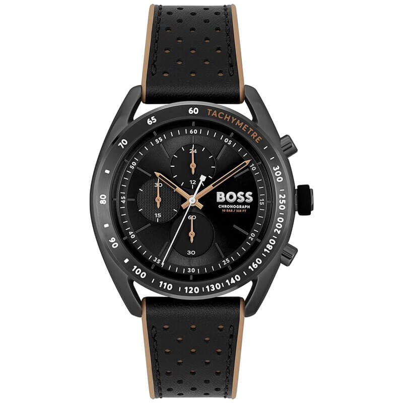 Hugo BOSS Center Court men's chronograph watch with black dial and perforated black rubber strap