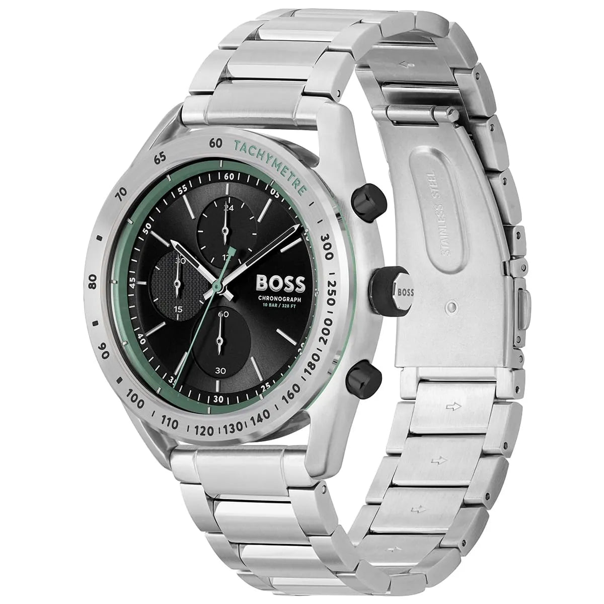 Hugo Boss Center Court watch from side angle showing stainless steel bracelet and case