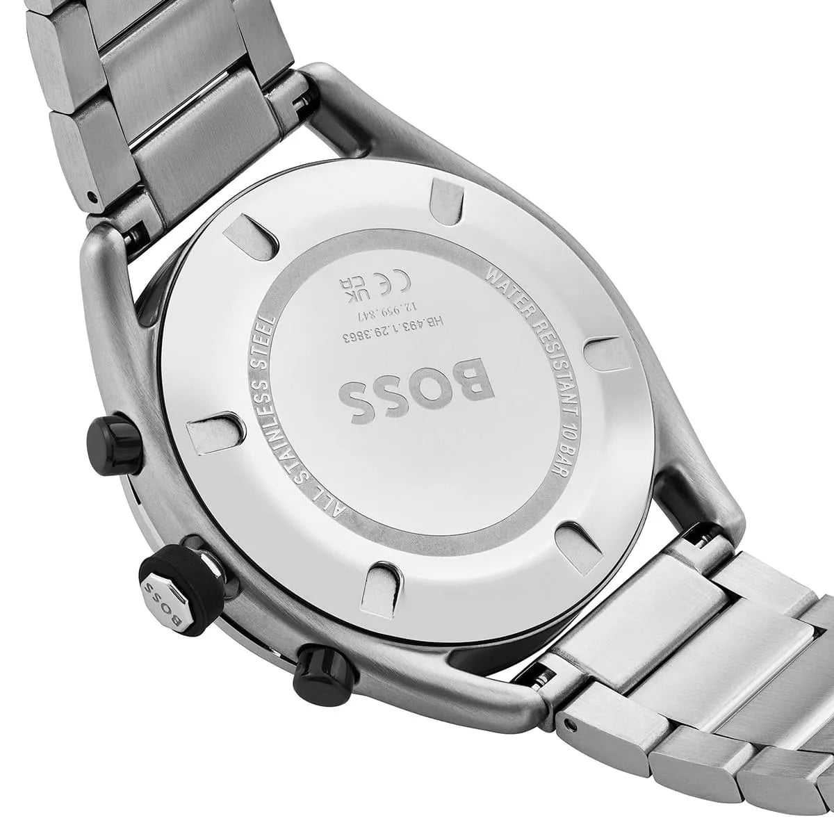 Hugo Boss Center Court watch caseback detail with stainless steel bracelet strap