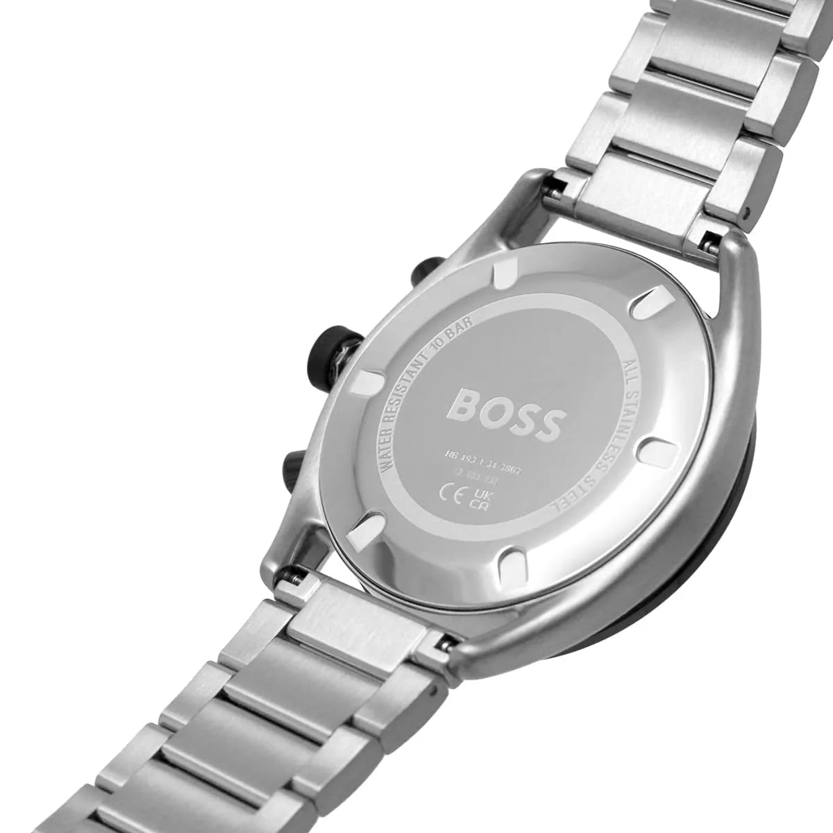 Hugo Boss Center Court watch caseback showing stainless steel case and bracelet