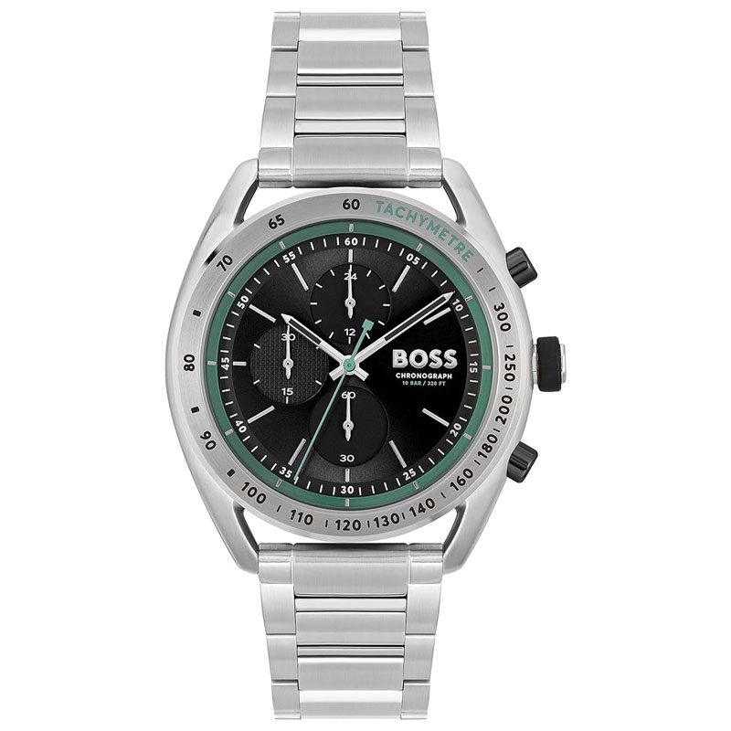 Hugo Boss Center Court chronograph watch with black dial and green tachymeter bezel