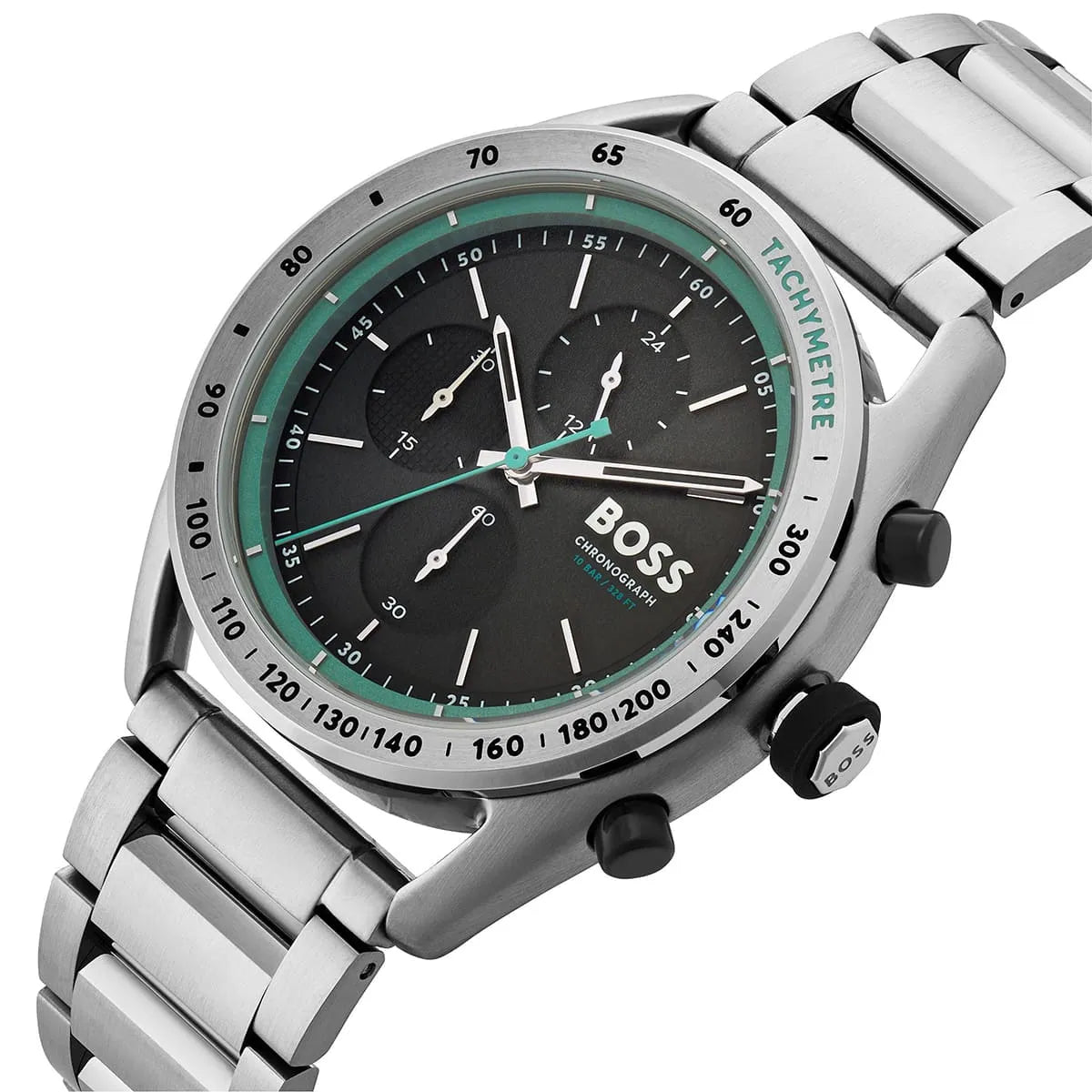 Hugo Boss Center Court chronograph on wrist showing black dial with white hands and markers