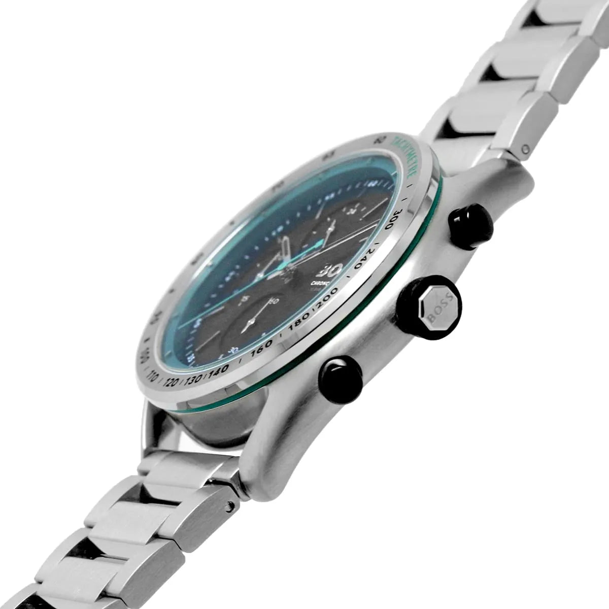Hugo Boss Center Court watch side view with chronograph pushers and green bezel