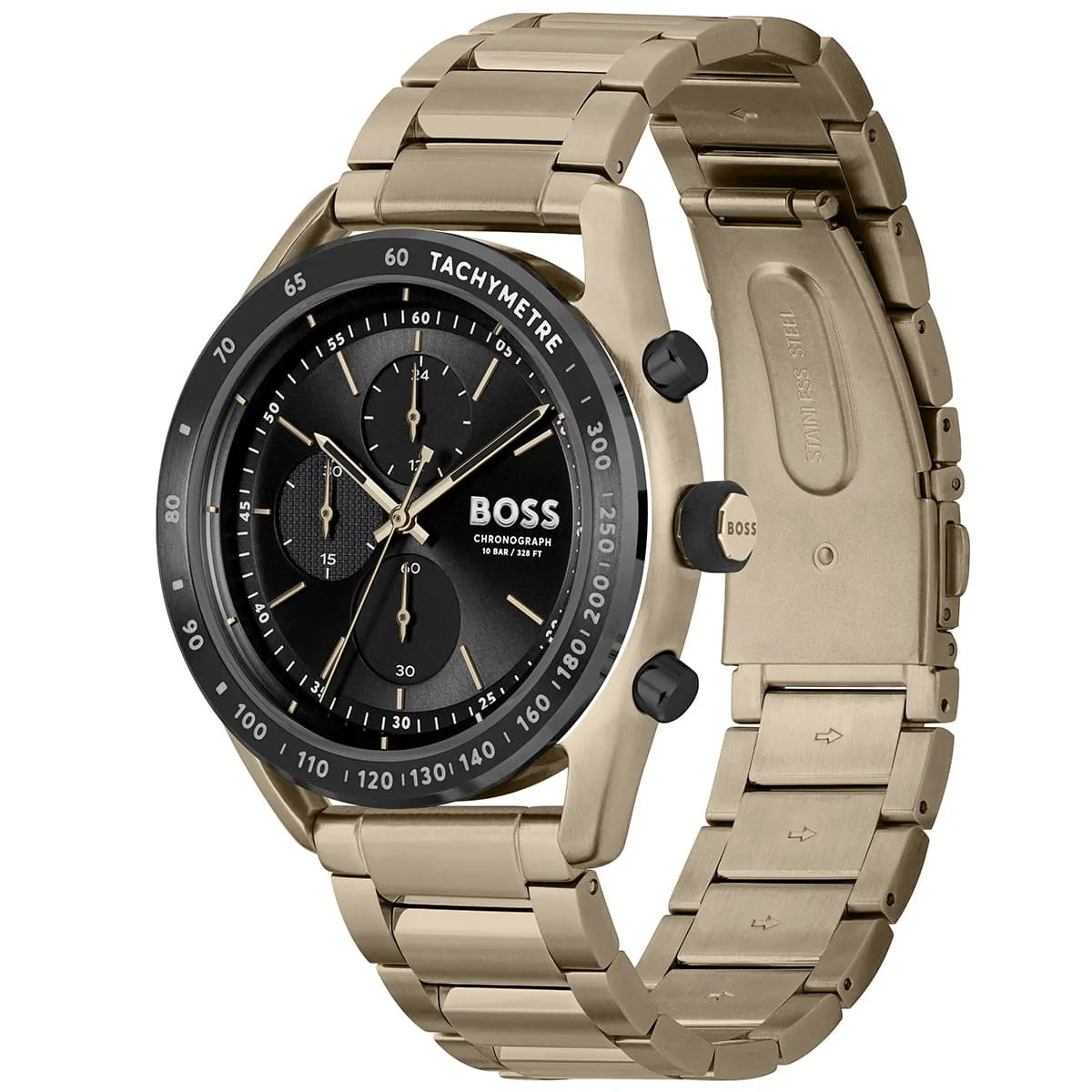 Hugo Boss Center Court chronograph watch side and front angle view showing bracelet