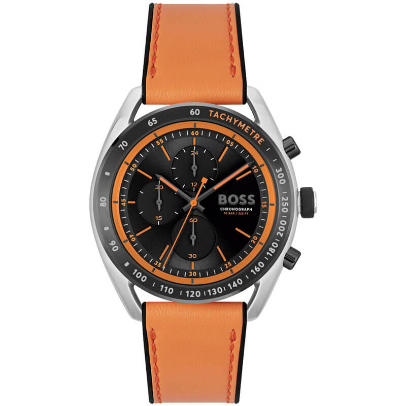 Hugo Boss Centre Court chronograph watch with black dial, orange accents, and orange rubber strap