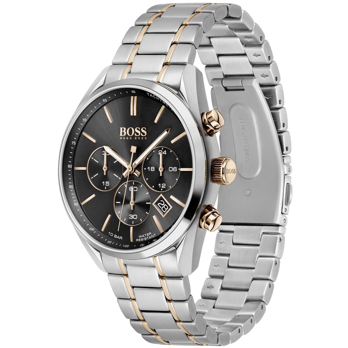 Hugo Boss Champion watch front and side angle view on two-tone metal bracelet