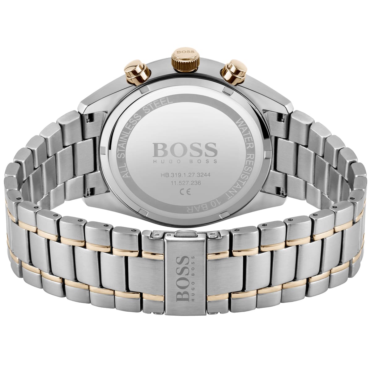 Hugo Boss Champion watch caseback showing two-tone stainless steel bracelet detail