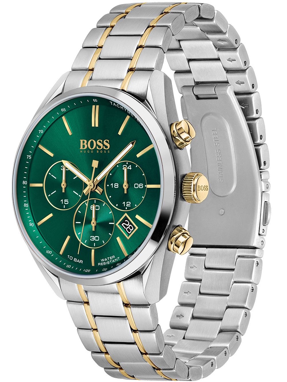 Side view of Hugo Boss Champion chronograph watch with green dial and mixed metal bracelet